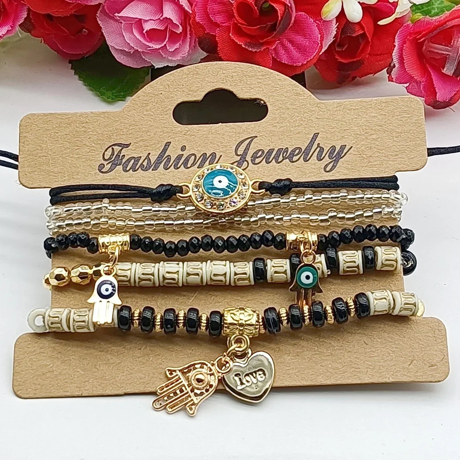 6Pcs Fatima Hand Evil Eye Bracelet Set For Women Heart Charm Beads Rope Chain Bangle Female Bohemian Handmade Jewelry Vera Lux