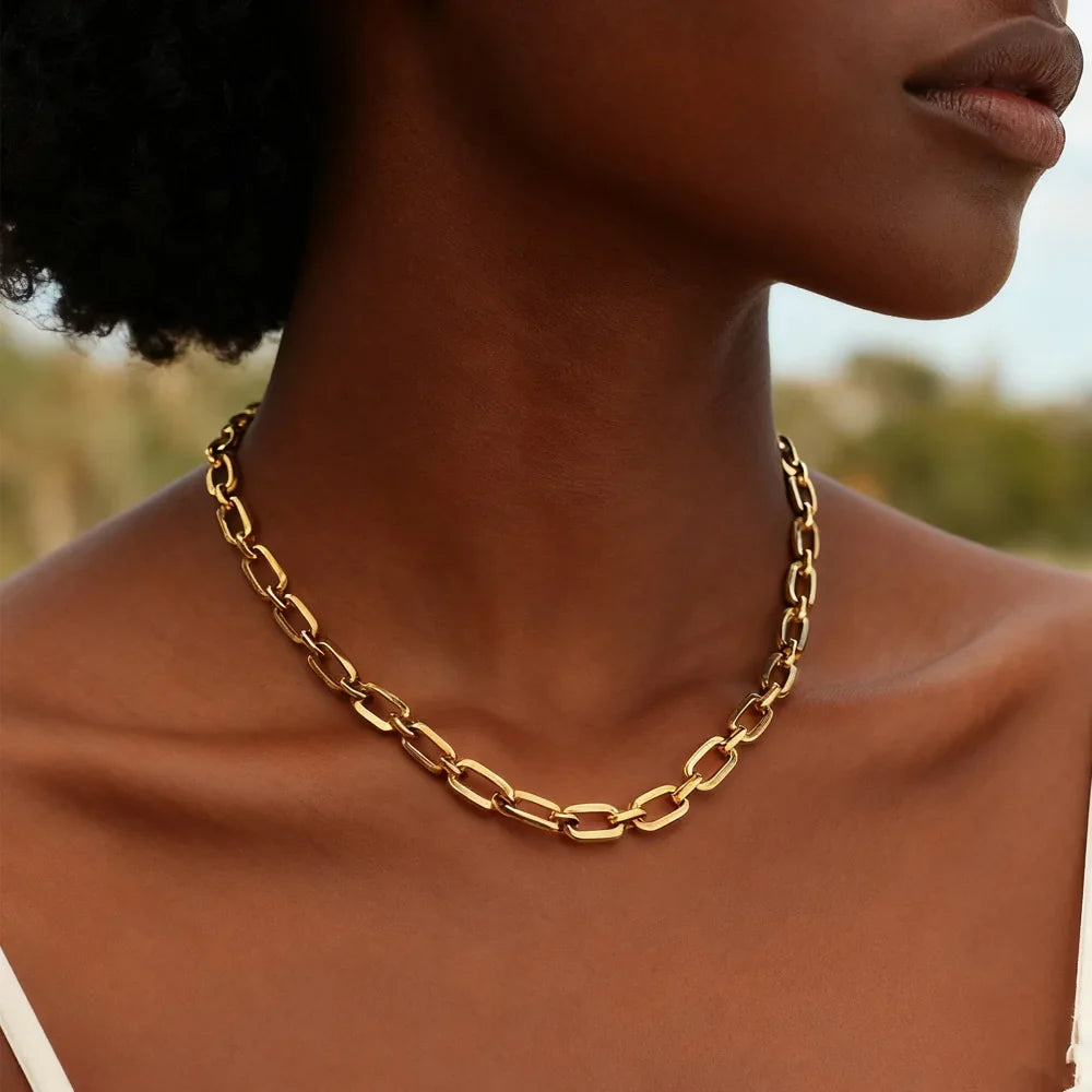 Chunky Gold Plated Link Necklace For Women, Stainless Steel Oval Thick Chain Choker Minimalist Jewelry Vera Lux