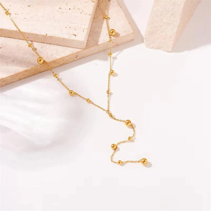 316L Stainless Steel Gold Color Beads Long Pendant Necklace For Women Fashion Choker Clavicle Chain Jewelry Gift Wedding Vera Lux