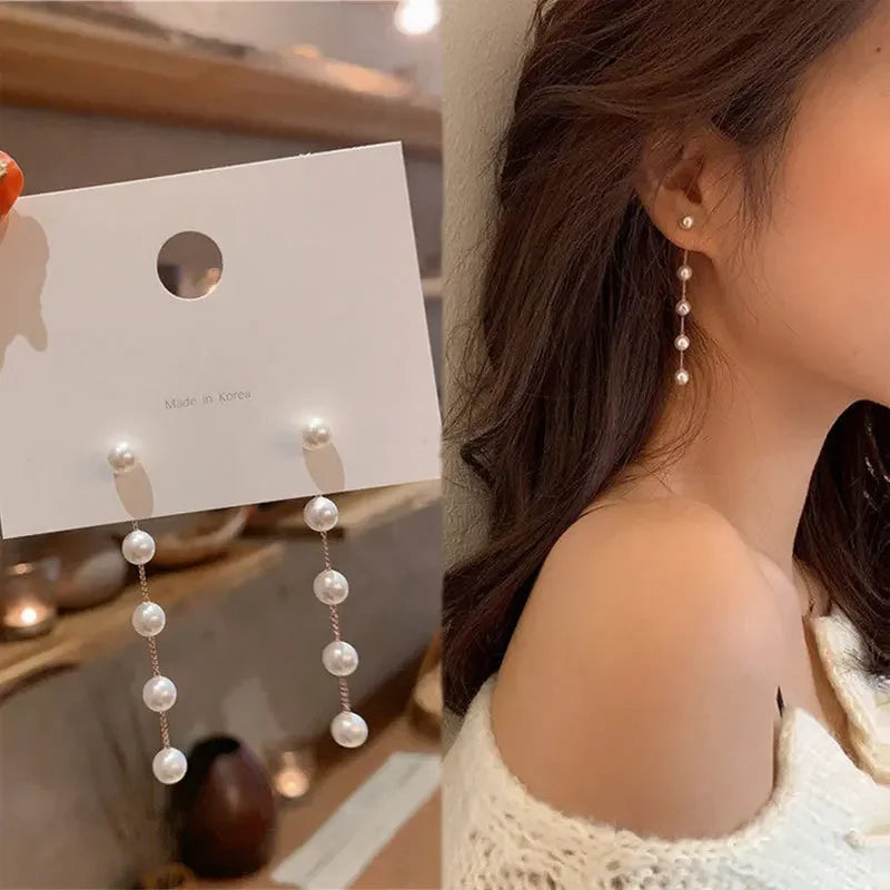 Fashion Pearl Long Earring For Women Cute Korean Crystal Rhinestone Chain Drop Earrings Bridal Wedding Party Jewelry Gifts 2024 Vera Lux