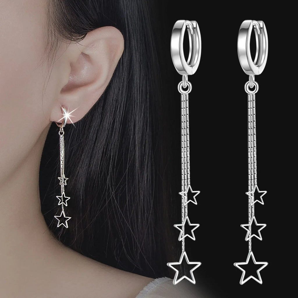 Elegant Popular Three Stars Hoop Earrings For Women 925 Sterling Silver Party Jewelry Beautiful Long Tassel EarringElegant Vera Lux