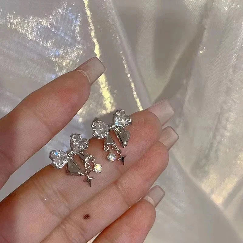 New Y2K Bowknot Zircon Stud Earrings for Women Fashion Korean Silver Color Pink Crystal Personality Earring Party Jewelry Gifts Vera Lux