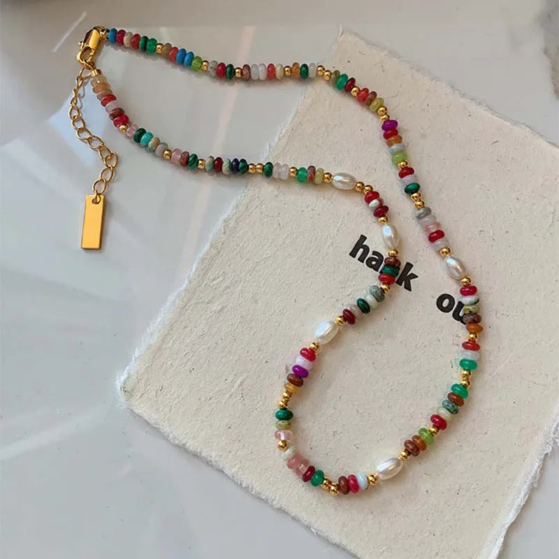 Fashion Colorful Beads Stone Natural Freshwater Pearl Necklaces For Women Retro Gold Color Clavicle Chain Necklace Jewelry Gifts Vera Lux