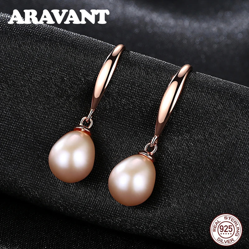 925 Sterling Silver Rose Gold Drop Earrings For Women Freshwater Pearl Earrings Wedding Jewelry White Pink Purple Vera Lux