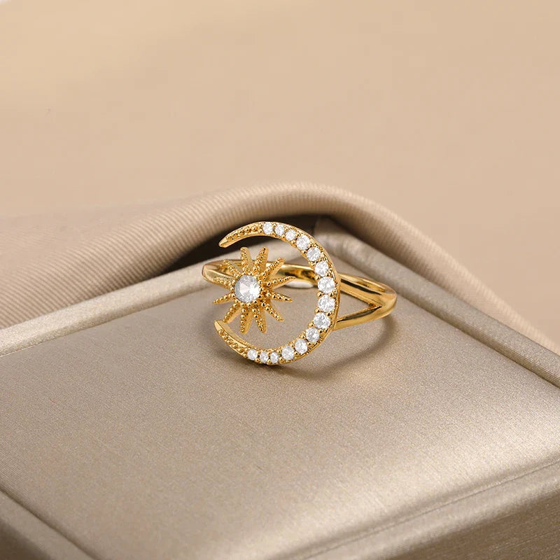 Zircon Star Moon Rings For Women Gold Color Stainless Steel Geometric Star Moon Ring Engagement Wedding Christmas Jewelry Gift Vera Lux