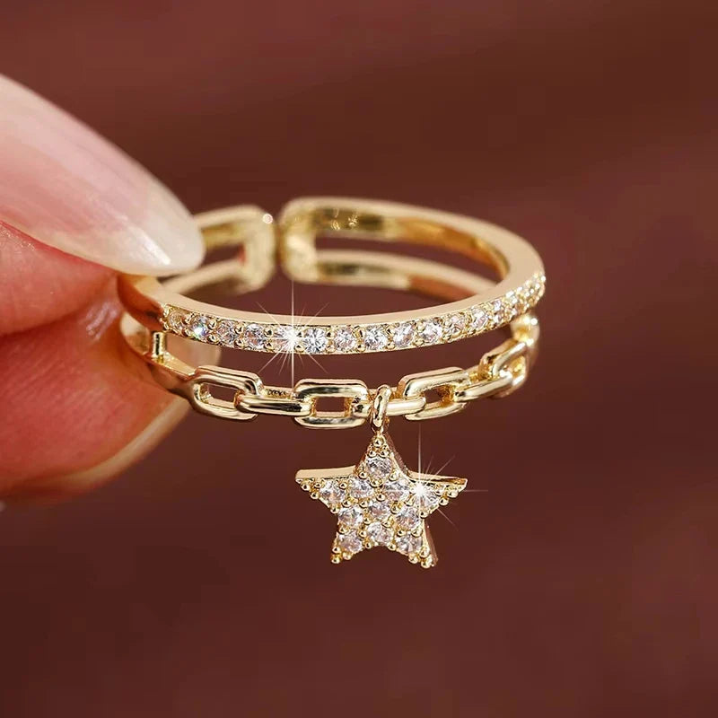 Exquisite Double-layer Design Women's Opening Ring Synthetic Zirconia Adjustable Ring with Star Pendant Vera Lux