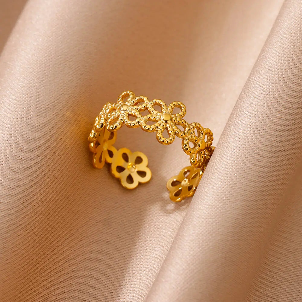 Hollow Flower Rings For Women Gold Color Stainless Steel Adjustable Multi-layer Flower Ring Wedding Aesthetic  Jewelry Gift Vera Lux