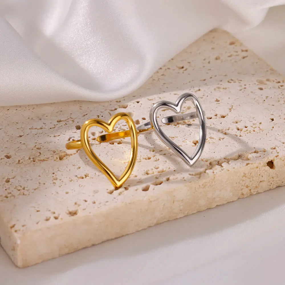 Heart Minimalist Stainless Steel Rings For Women Gold Color Glossy Opening Aesthetic Heart Ring Wedding Party Jewelry Gift BFF Vera Lux