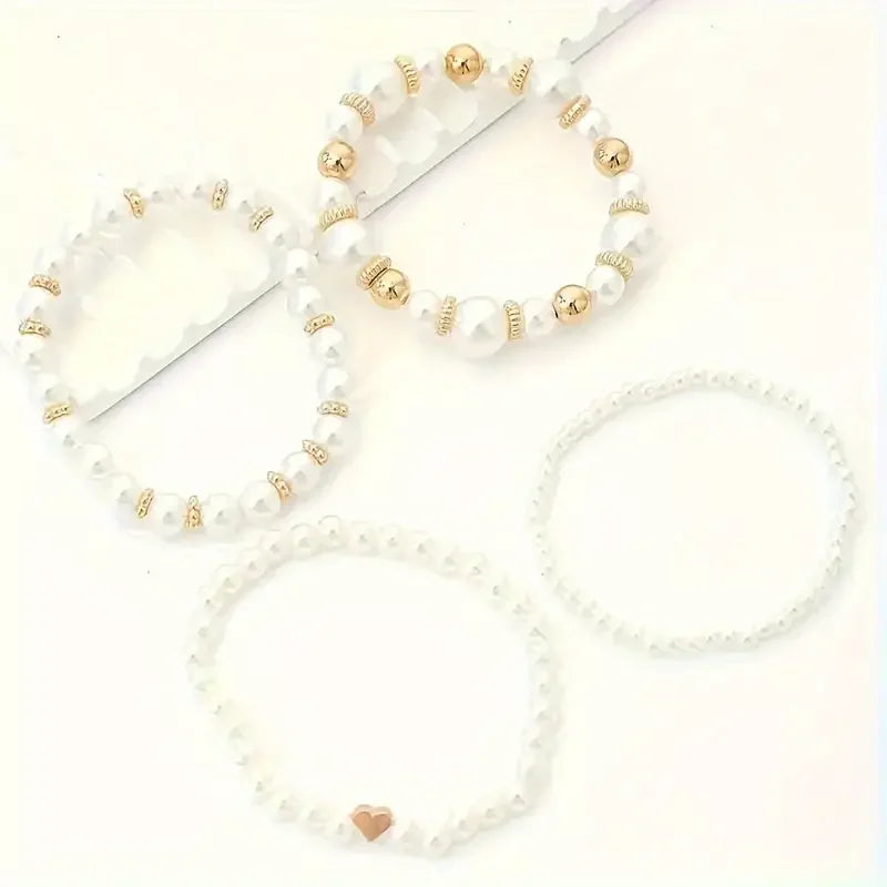 New 4 Pcs/Set imitation Pearl Beaded Bracelets Set for Women Fashion Gold Color Heart Big Pearl Bracelet Trendy Jewelry Gifts Vera Lux