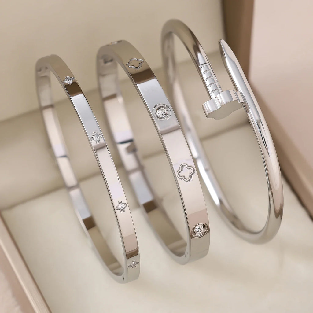 1pc 18K Gold Plated Stainless Steel Stackable Bracelet With Chain And Clover Design, Fashion Style For Women, Suitable For Casua Vera Lux