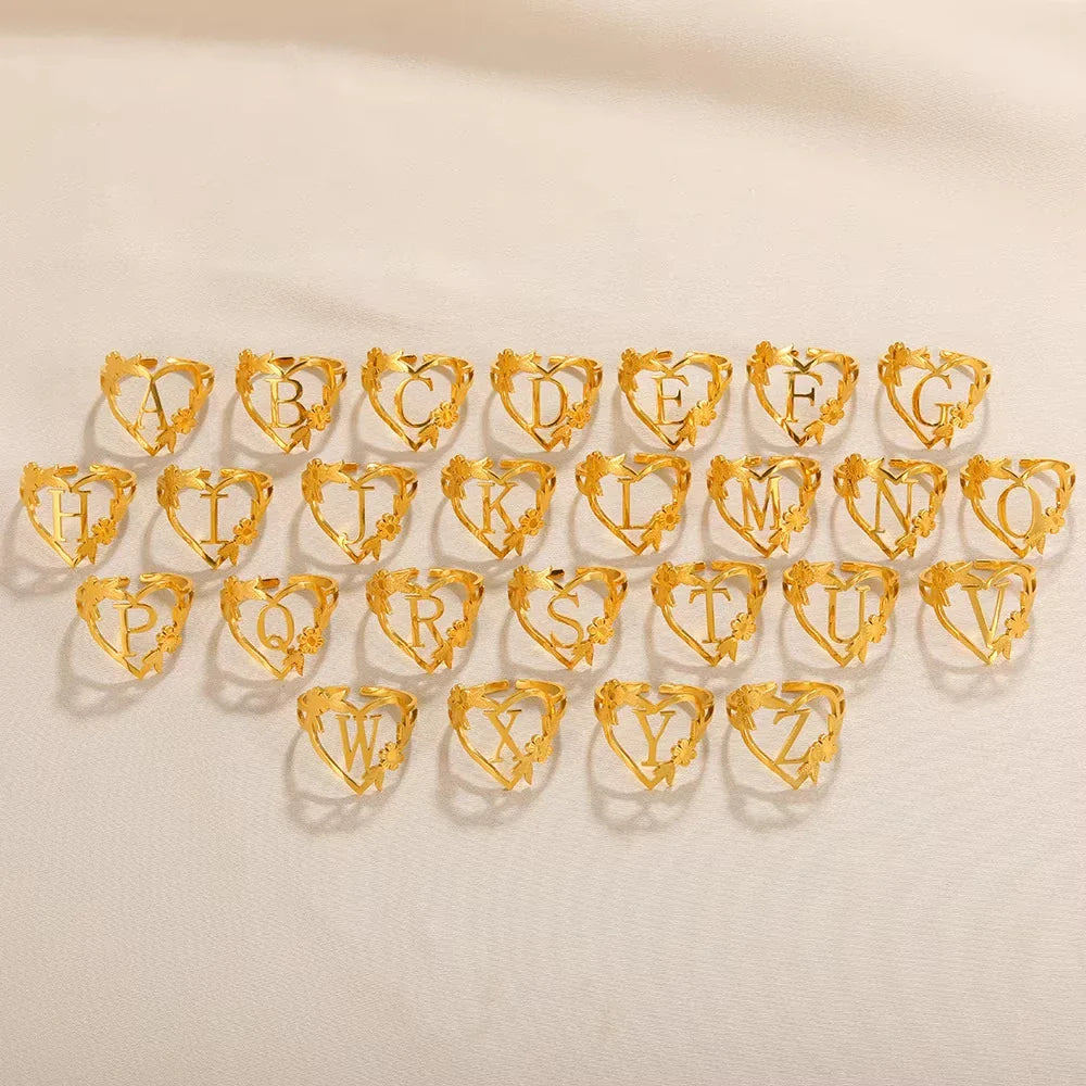 Stainless Steel Initials Letter Heart Rings for Women Girls Gold Color Flower Alphabet Ring Fashion Valentine's Day Jewelry Gift Vera Lux