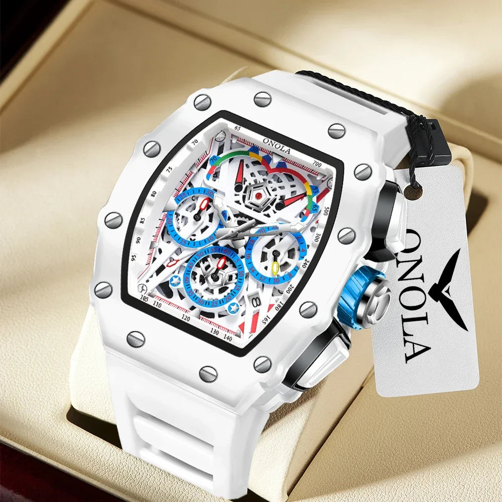 Luxury Watch Men's ONOLA Fashion Casual  Multifunctional Silicone Tape Waterproof Quartz Watch White Vera Lux