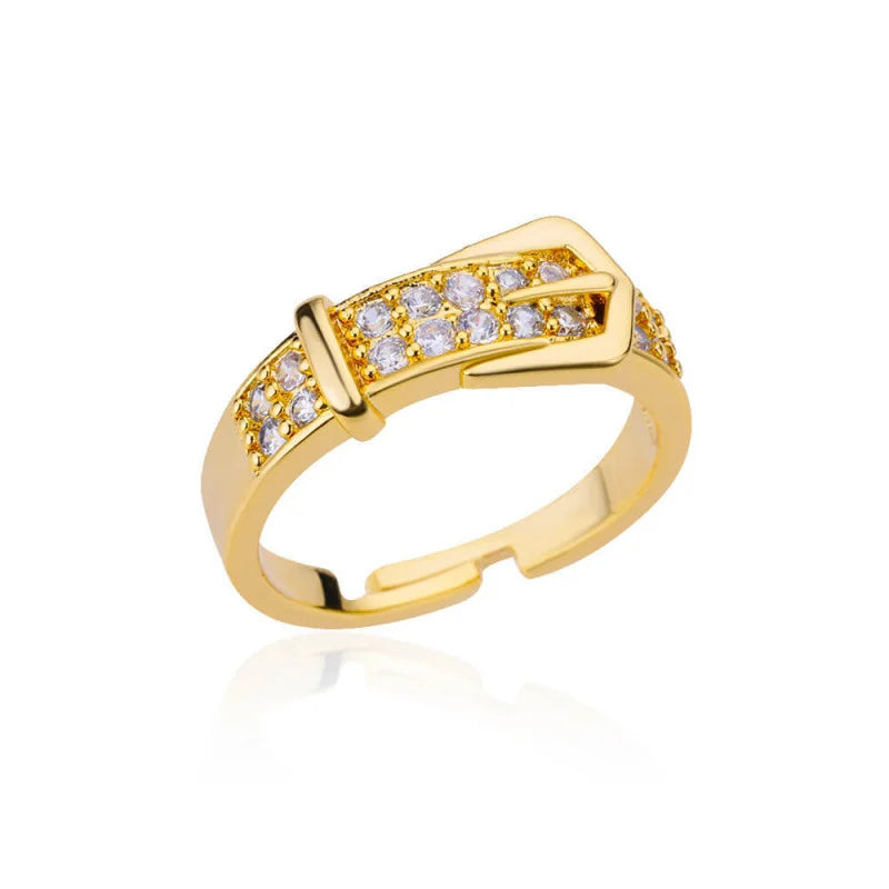 Chic Gold Color Buckle Shaped Ring With Sparkling Zircon Fashion Trendy Adjustable Ring Women's Gatherings Jewelry Vera Lux