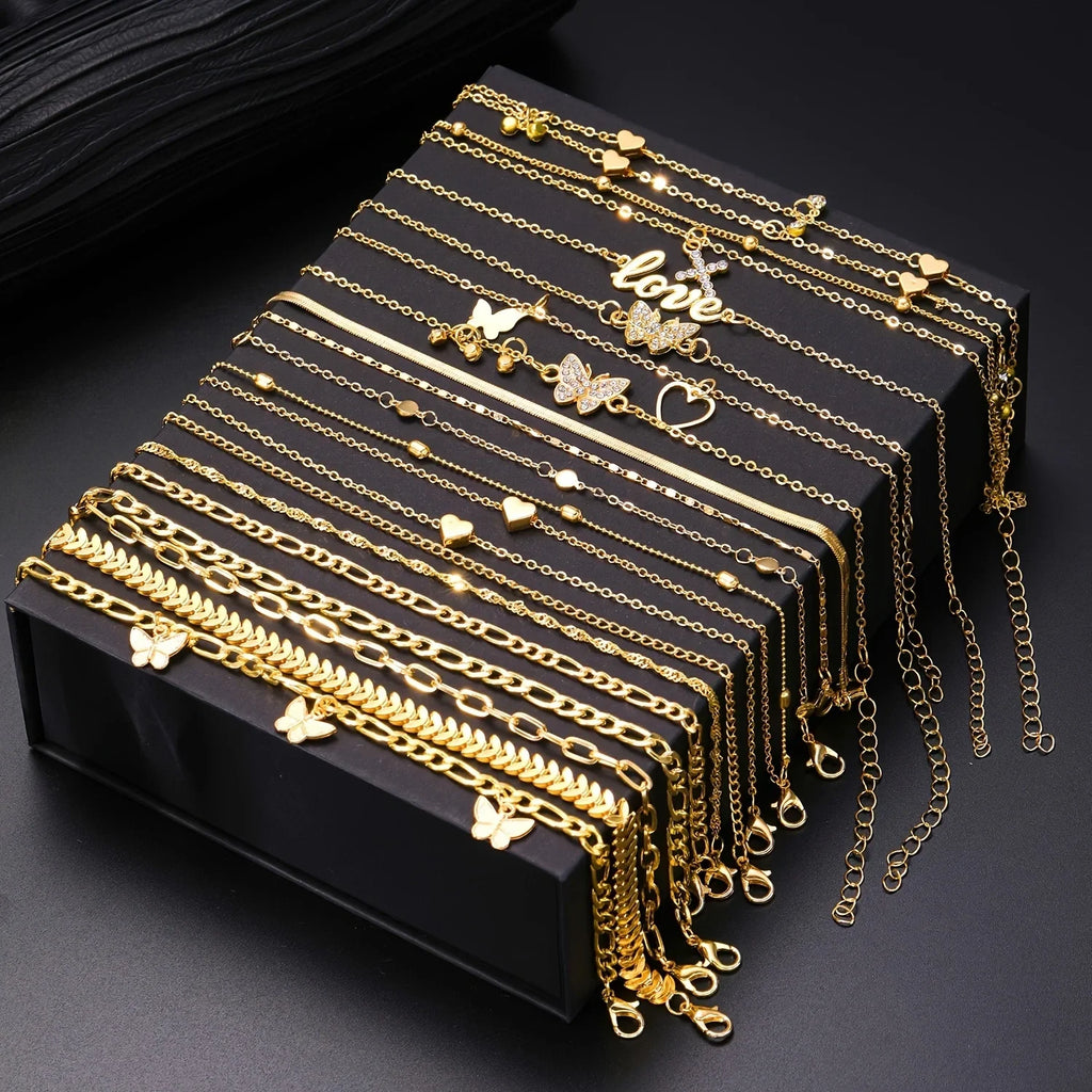 18Pcs Bohemian Summer Beach Anklet Set For Women Vintage Butterfly Heart Crystal Pendant Foot Bracelets Fashion Jewelry Gift New Vera Lux