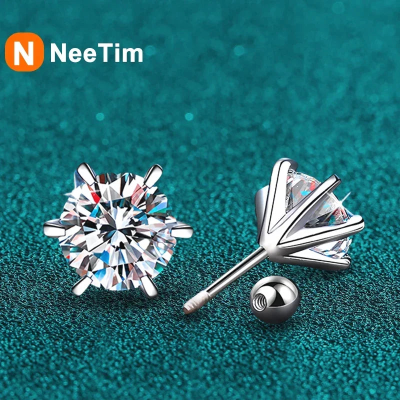 NeeTim 0.3-2CT Moissanite Stud Earrings For Women Screw Thread Ear Studs 925 Sterling Silver Wedding Jewelry Pass Diamond Test Vera Lux