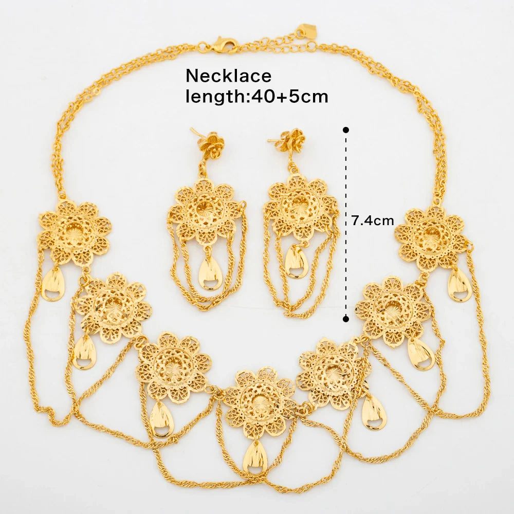 African 18k Gold Color Jewelry Set for Women Flower Design Necklace and Earrings 2Pcs Set for Weddings Party Jewelry Dubai Gift Vera Lux