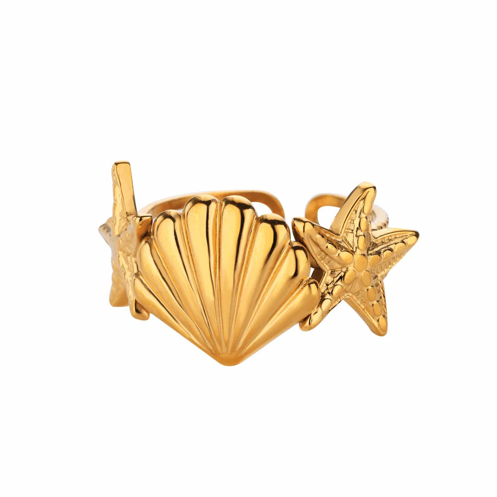 316L Stainless Steel Starfish Shell Rings for Women Gold Color Open Finger Ring Femme Trendy Summer Vacation Ocean Jewelry Gift Vera Lux