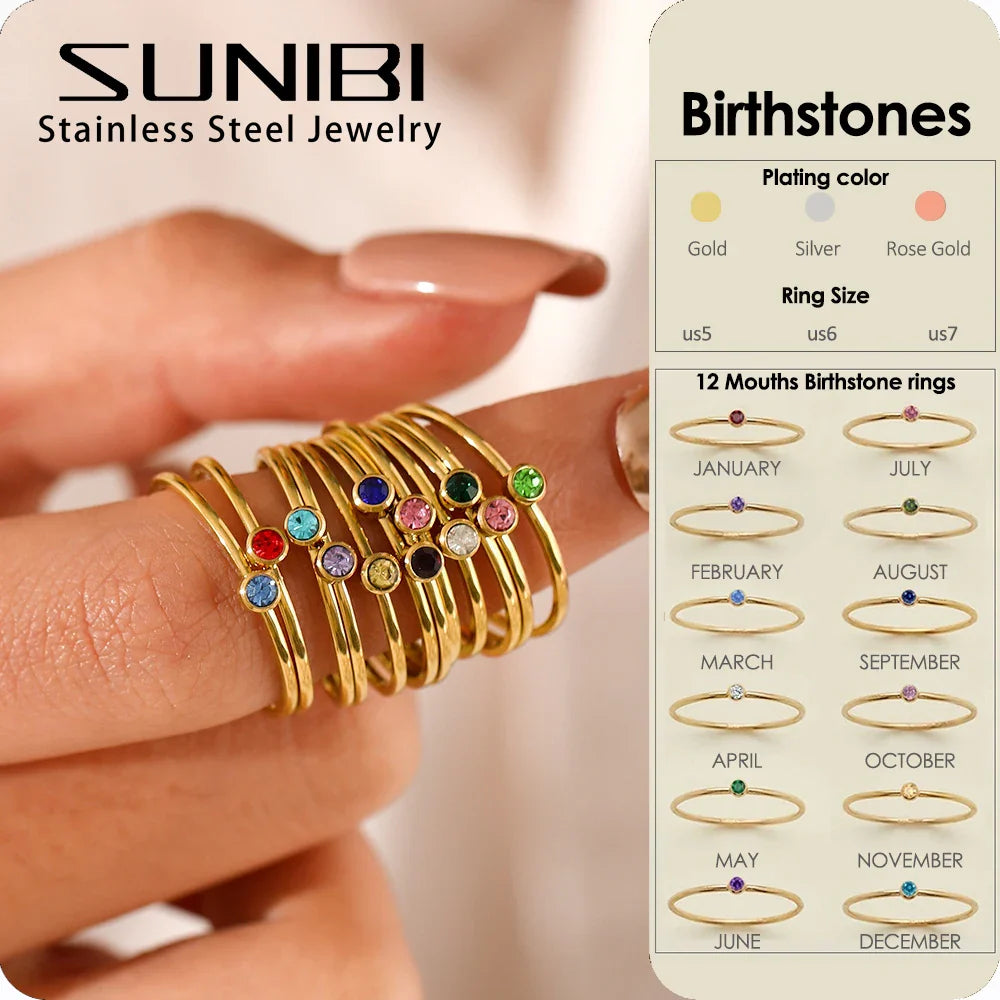 SUNIBI Stainless Steel Birthstone Ring for Woman Gold Color Simple Style Ring Festival Party Fashion Jewelry Dropshipping Vera Lux