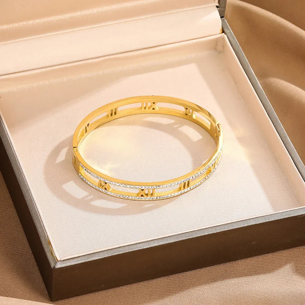 Luxury Crystal Hollow Roman Numeral Bracelets For Women Men Stainless Steel Unisex Bangle Fashion Classic Jewelry Accessories Vera Lux