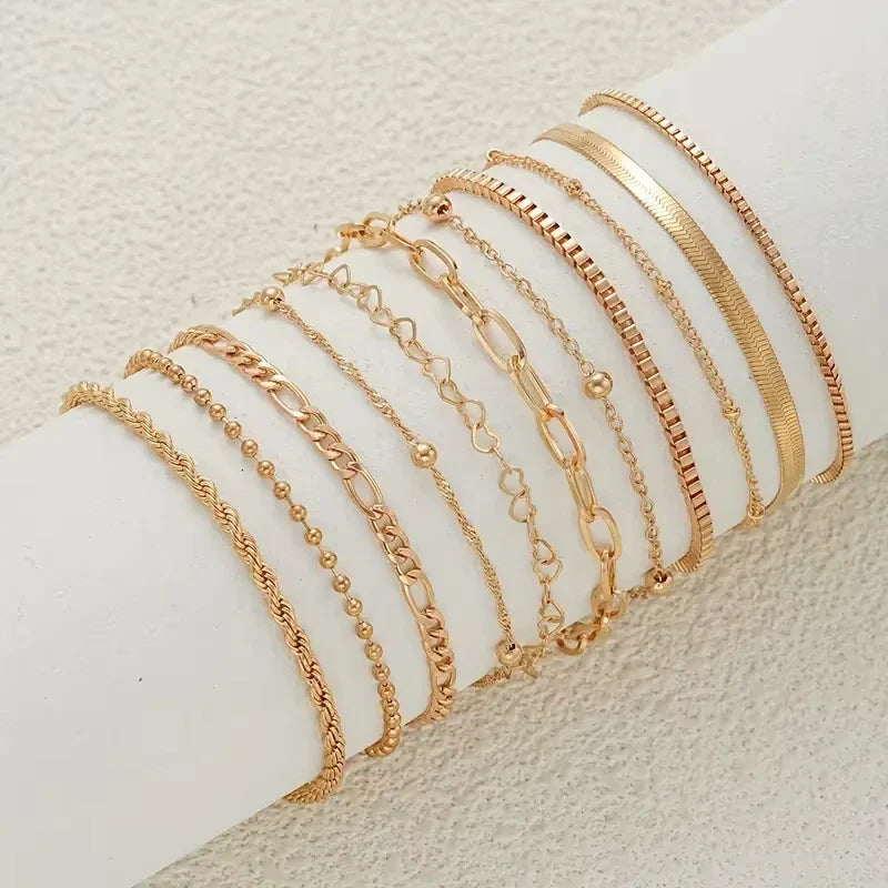 11pcs Chic Snake Chain Bracelet Set for Women Boho Simple Elegant Heart Geometric Chain Vacation Date Casual Jewelry Gifts Vera Lux