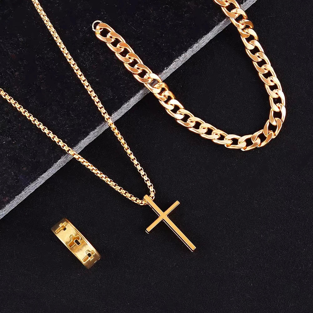 3pcs Set Men's Stainless Steel Metal Cross Pendant Chain Necklace Bracelet Ring Jewelry Set Male Hip Hop Daily Wear Accessories Vera Lux
