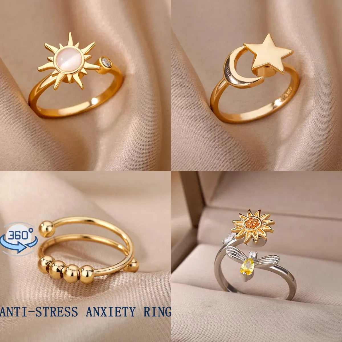 Anti Stress Anxiety Fidget Rings for Women Stainless Steel Sunflower Sun Star Spinner Ring Christmas Jewelry Gifts Dropshipping Vera Lux