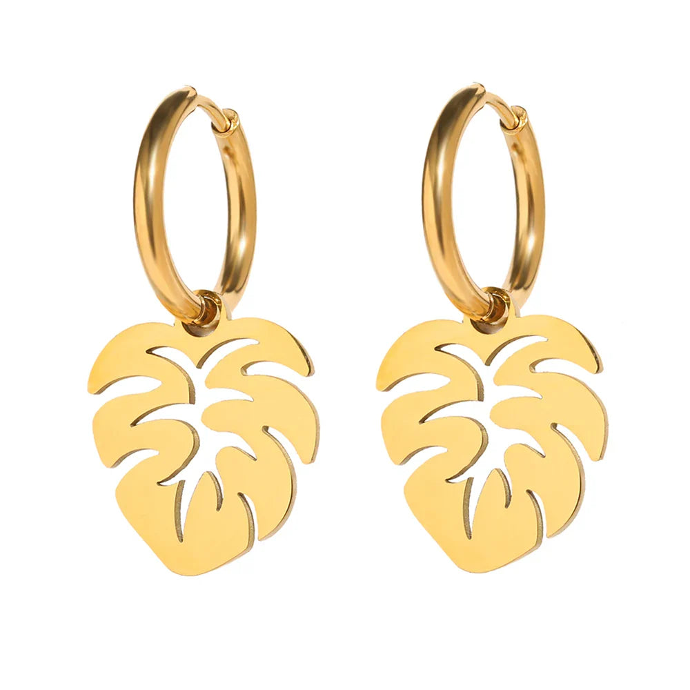 Stainless Steel Earrings Bohemian Tropical Plant Leaves Pendants Retro Glossy Aesthetic Hoop Earrings For Women Jewelry Girl New Vera Lux