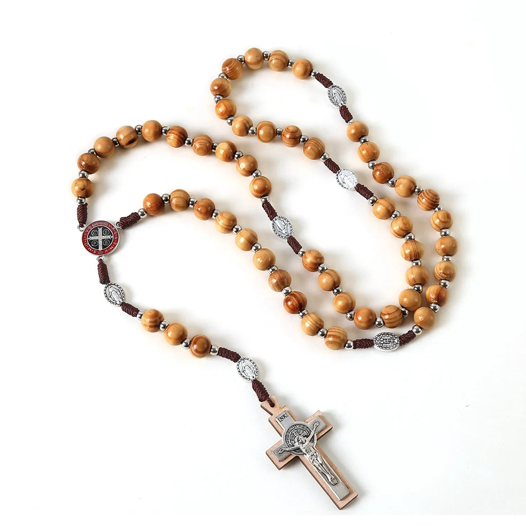 Wooden Rosary Necklace For Women Men Christian Cross Pendant 10MM Long Wood Beads Chain Fashion Religion Prayer Jewelry Vera Lux