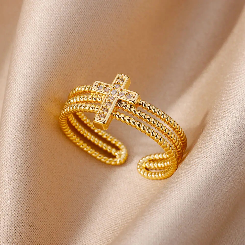 New in Zircon Cross Rings For Women Adjustable Stainless Steel Cross Ring Femme Design Luxury Wedding Jewerly Gift 2023 anillos Vera Lux