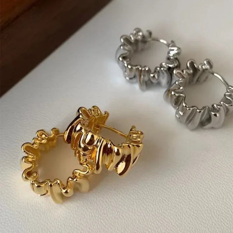 Personality Irregular Wavy Pleated Hoop Earrings for Women New Charm Gold Color Stainless Steel Dangle Jewelry Accessories Gift Vera Lux