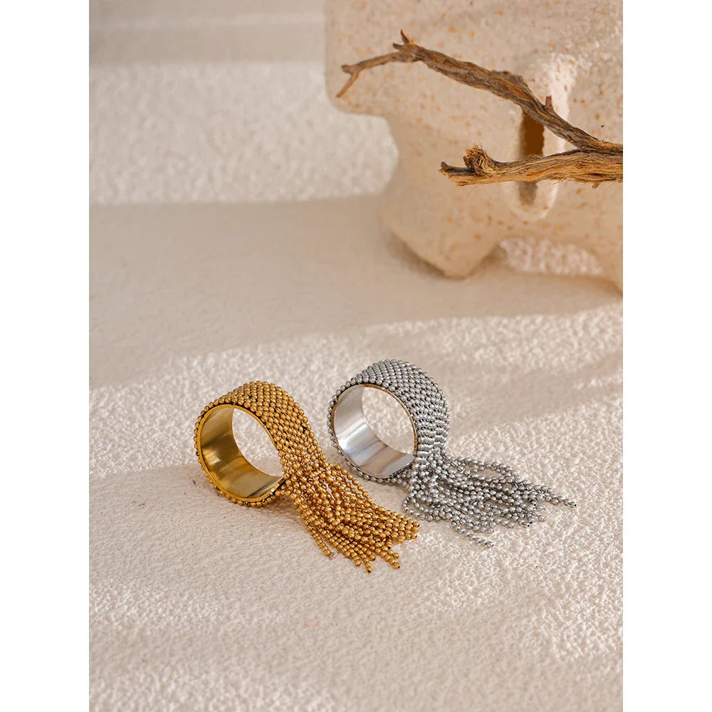 Yhpup Statement Stainless Steel Chain Tassel Finger Ring Adjustable 18K PVD Plated High Quality Charm Stylish Golden Jewelry Vera Lux
