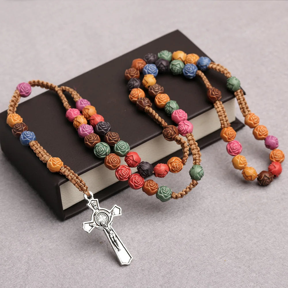Christian Rose Beads Rosary Necklace For Women INRI Cross Crucifix Pendant Long Chain Female Fashion Religion Jewelry Gift Vera Lux