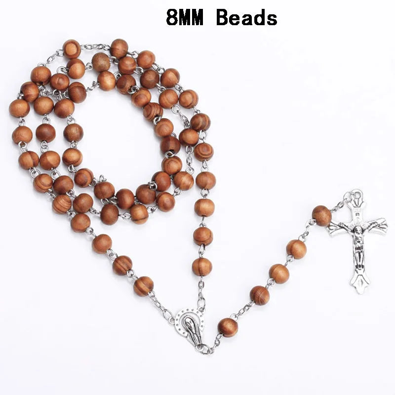 Catholic Wood Beaded Rosary Necklaces For Women Christian INRI Crucifix Cross Pendant Long Chain Men Religion Prayer Jewelry Vera Lux