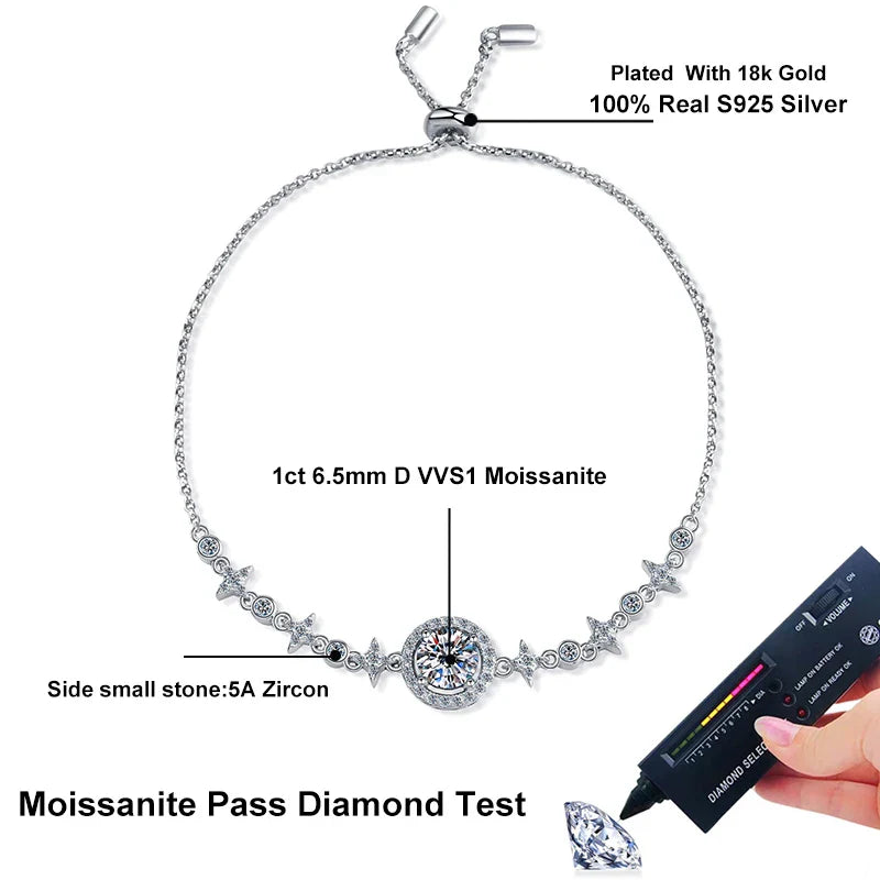 NeeTim 1ct 6.5mm Moissanite Bracelet for Women 925 Silver Sterling with 18k Gold Plated Luxury Wedding Party Bracelets Wholesale Vera Lux