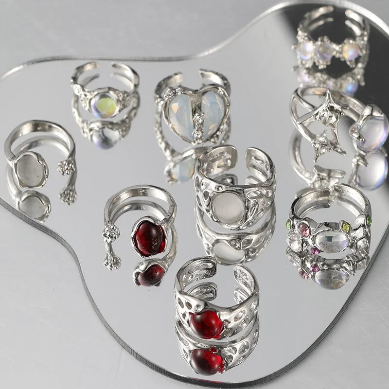 9 Pcs Y2K Crystal Rings Kpop Heart Adjustable Ring Irregular Geometry Punk Vintage Rings Set for Women Girls New Fashion Jewelry Vera Lux