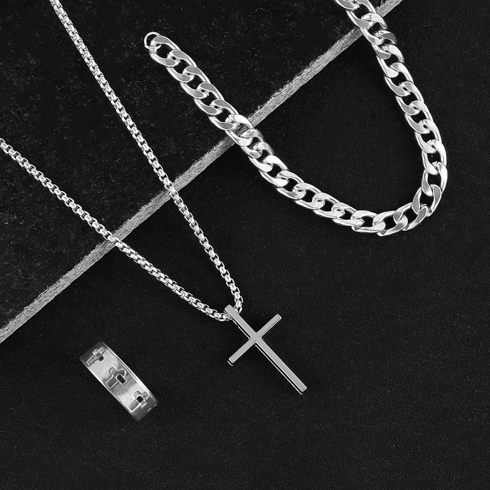 3pcs Set Men's Stainless Steel Metal Cross Pendant Chain Necklace Bracelet Ring Jewelry Set Male Hip Hop Daily Wear Accessories Vera Lux