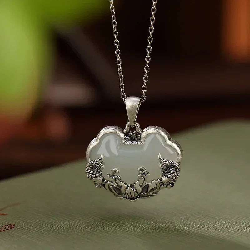 925 silver Natural Hotan Jade fish-shaped Lotus flower necklace Retro Chinese style Ruyi Pendant clavicle chain jewelry Femstylo