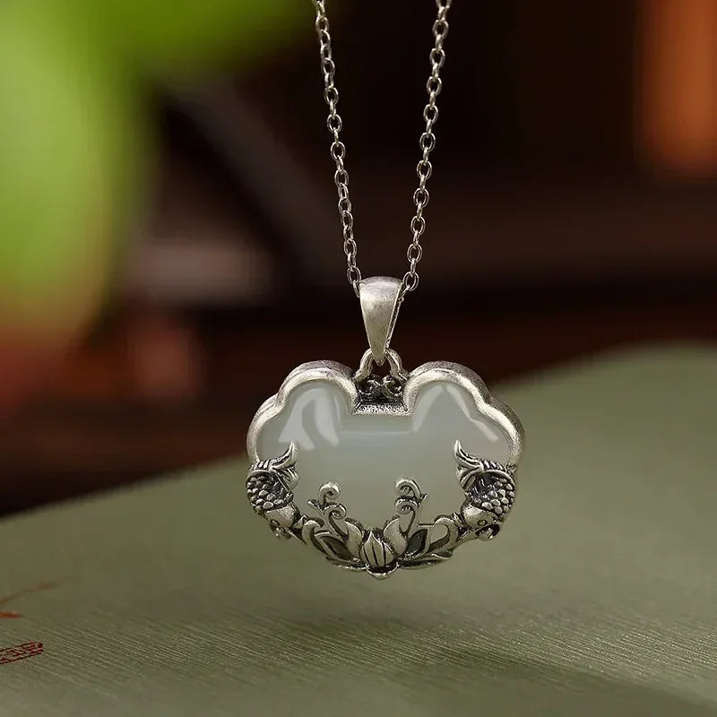 925 silver Natural Hotan Jade fish-shaped Lotus flower necklace Retro Chinese style Ruyi Pendant clavicle chain jewelry Femstylo