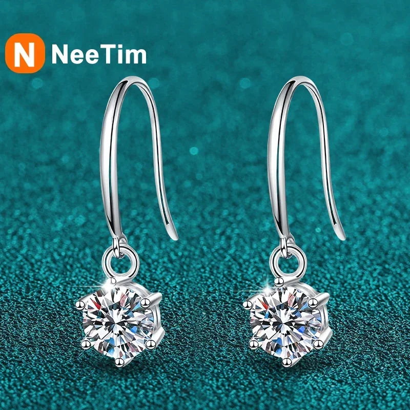 NeeTim 1ct 6.5mm Moissanite Droop Earrings for Women Original Wedding Chrismas Gift S925 Sterling Silver Hoop Earring Wholesale Vera Lux