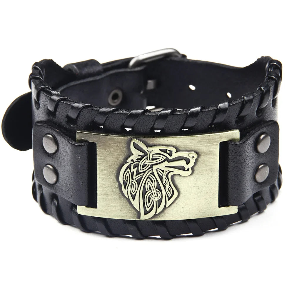Men's Stylish Viking Themed Leather Wristband Bold Wolf Motif Metal Embellishment Bracelet Punk Rock Parties Jewelry Unique Gift Vera Lux