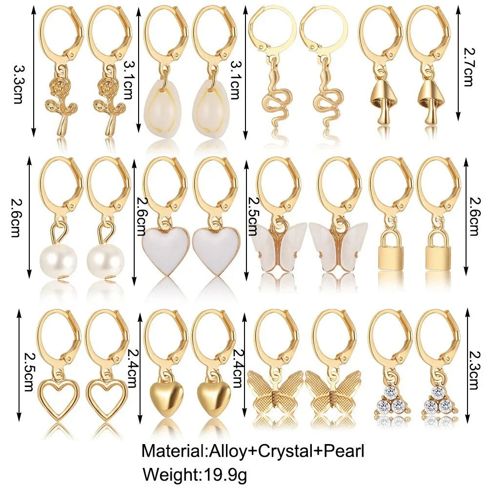 36 Pcs Boho Heart Hoop Earring Set for Women Gold Color Bohemia Vintage Pearl Earring  European and American Jewelry Gifts 2024 Vera Lux