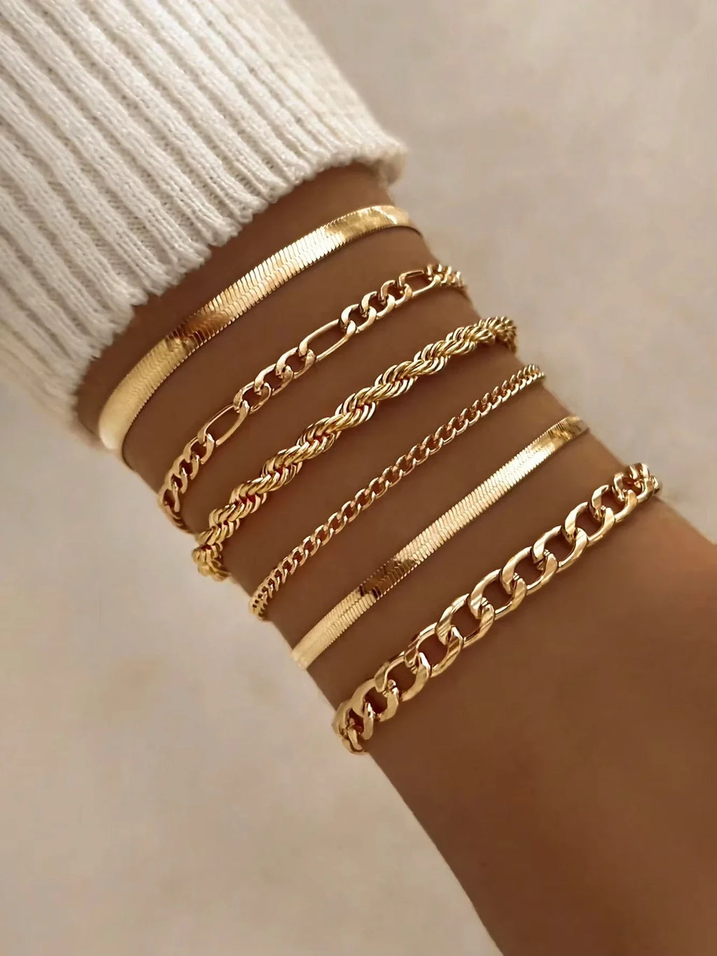 6pcs Fashion Punk Style Simple Cold Tone Chain Fashion Bracelet Set Suitable For Women's Daily Wear Vera Lux