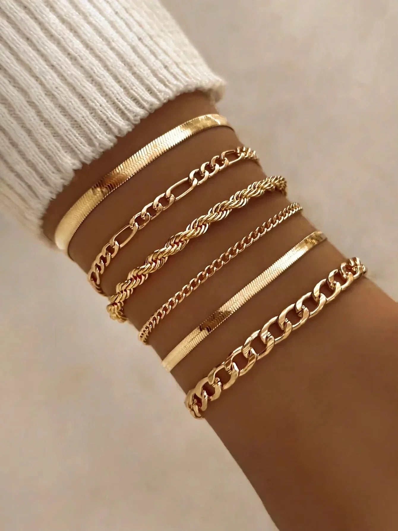 6pcs Fashion Punk Style Simple Cold Tone Chain Fashion Bracelet Set Suitable For Women's Daily Wear Vera Lux