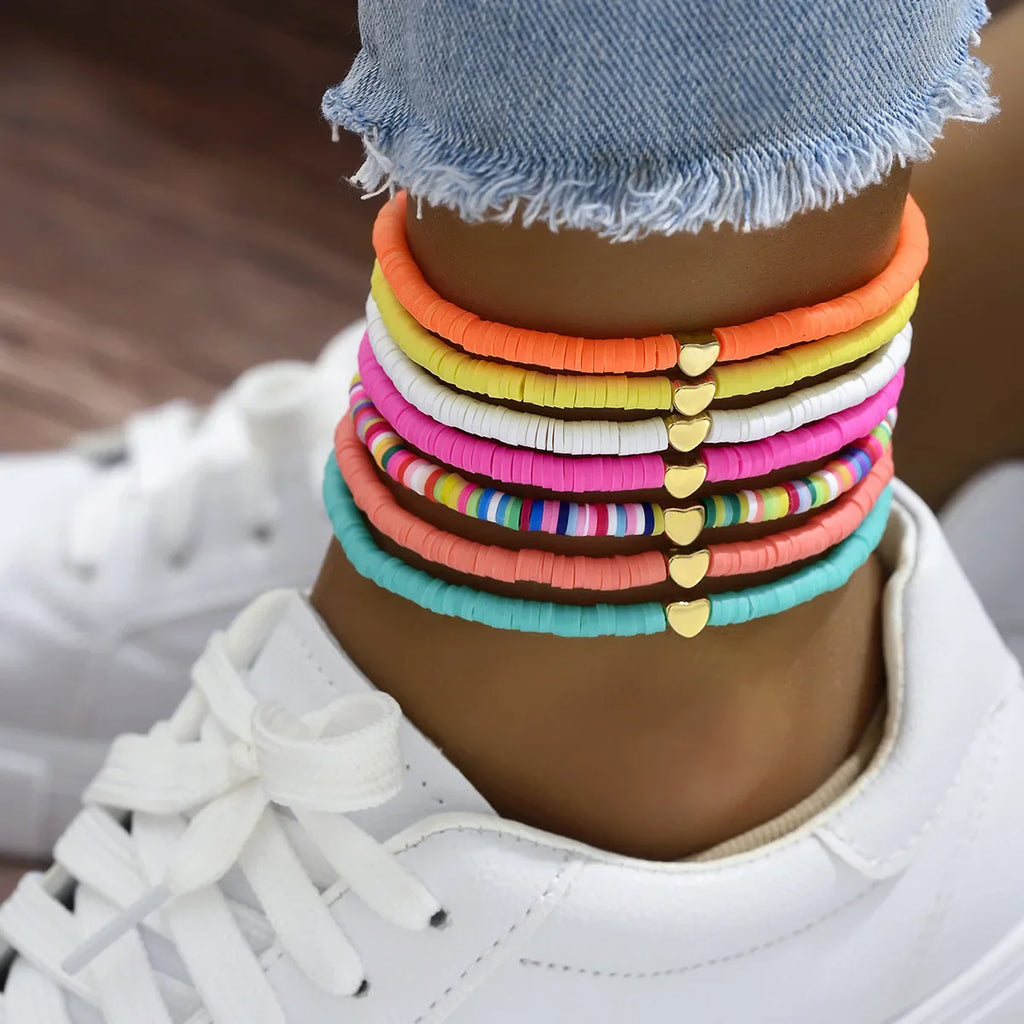 7Pcs Colorful Stackable Anklet Set For Women Heart Charm Soft Clay Pottery Layering Ankle Bracelet Girls Summer Beach Jewelry Vera Lux
