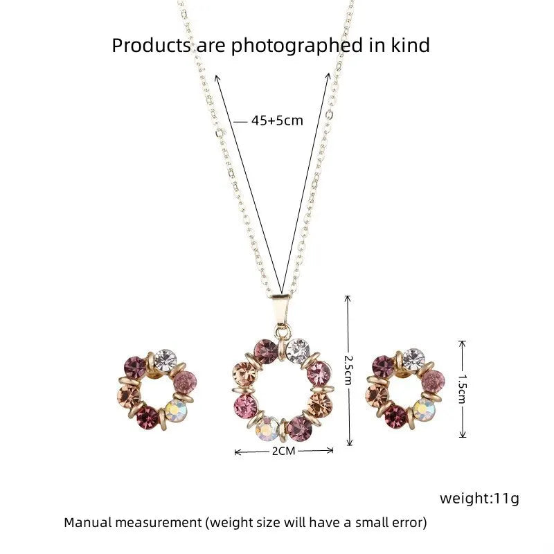 3pcs Gold Necklace Earrings Set Ladies Celebrity Simple Fashion Style Exquisite Stained Glass Diamond Circle Shape Jewelry Vera Lux