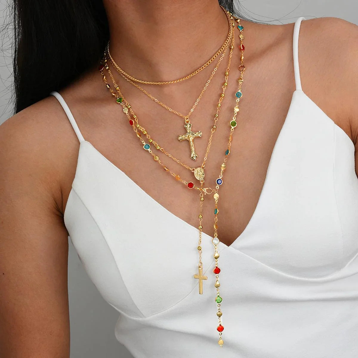 4Pcs/Set Cross Colorful Crystal Necklaces For Women Simple Gold Silver Color Y-Shaped Pendant Necklace Set New Christian Jewelry Vera Lux