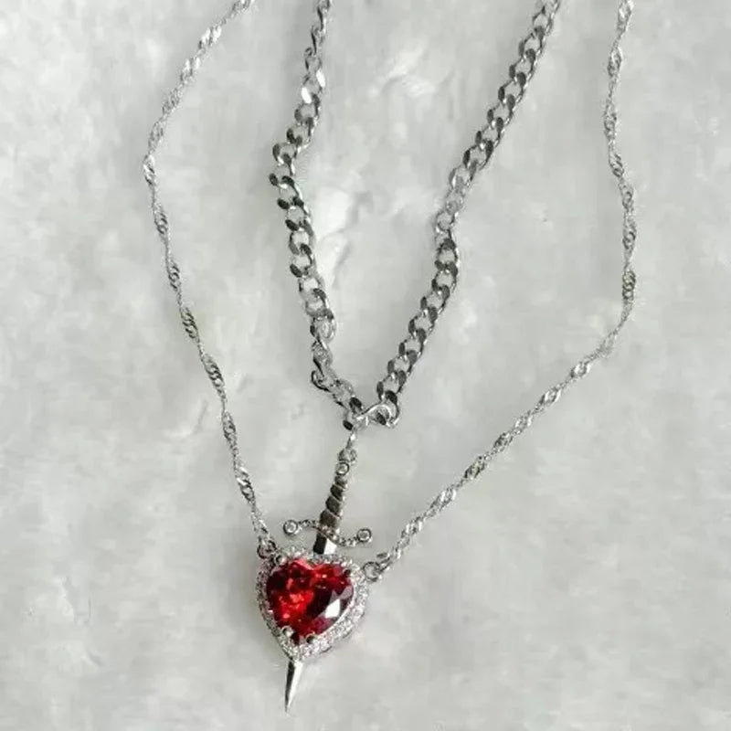 LATS 2pcs Can Be Assembled Heart and Sword Zircon Pendant Necklace for Women Men Couple Silver Gold Plated Choker Chain Jewelry Vera Lux