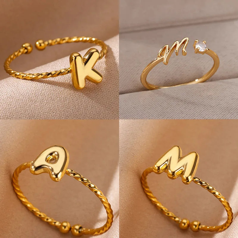 Cute Chunky Initial Letter Rings For Women Gold Color Stainless Steel A-Z Letter Adjustable Ring Aesthetic Wedding Jewelry Gift Vera Lux