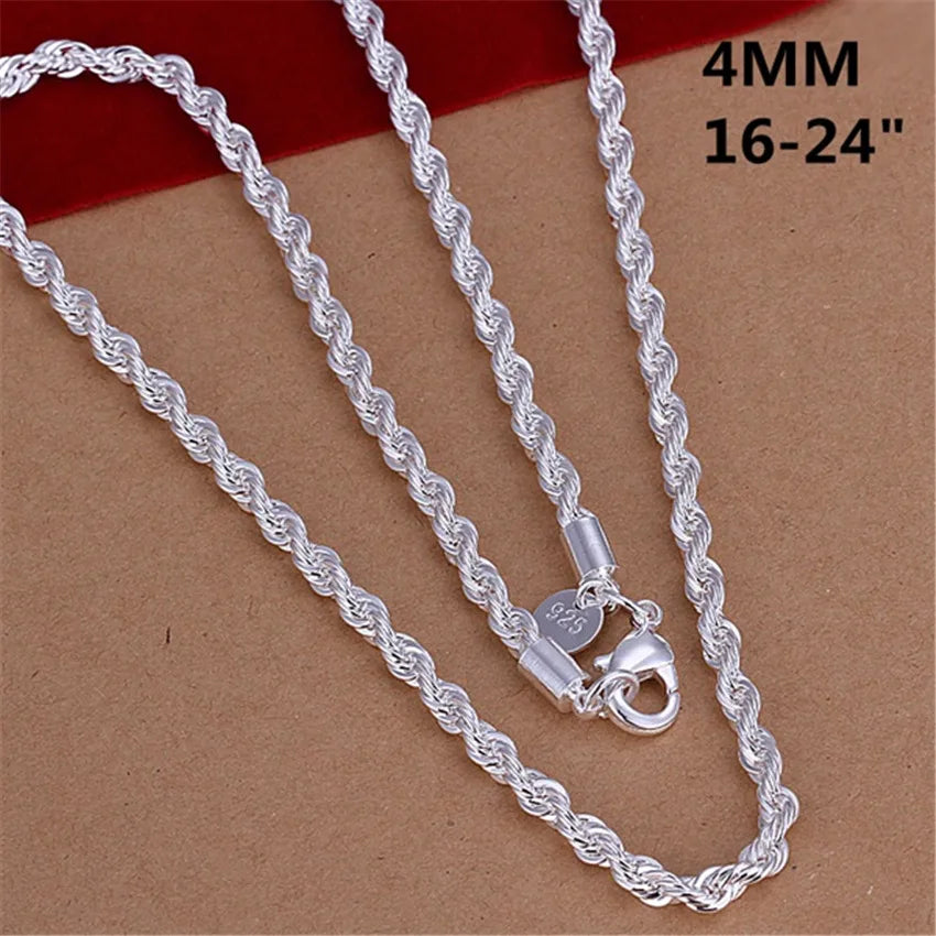 16-24inch For Women Men Beautiful Fashion 925 Sterling Silver Charm 4mm Rope Chain Necklace Fit Pendant High Quality Jewelry Vera Lux