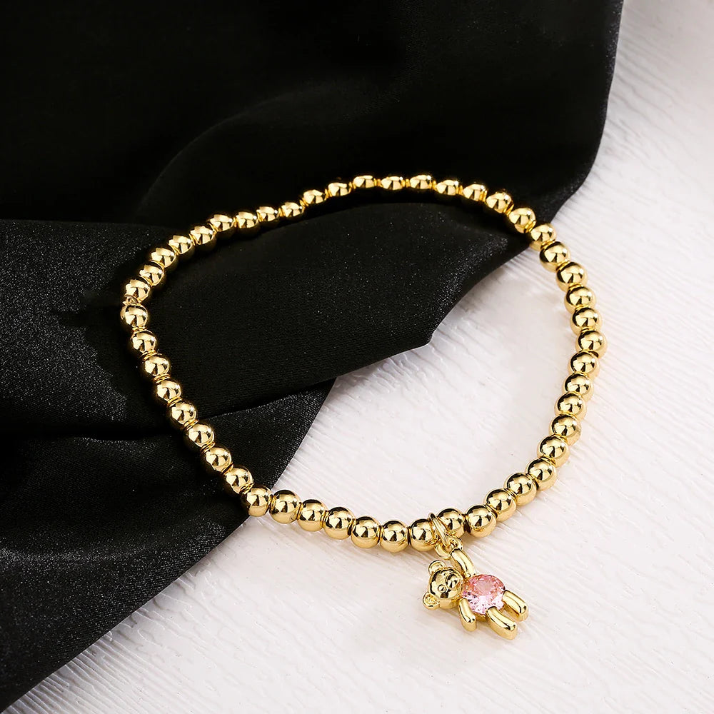 NEWBUY Trendy Gold Color Copper Beads Bracelets For Women White/Pink/Purple CZ Cute Bear Jewelry Vera Lux
